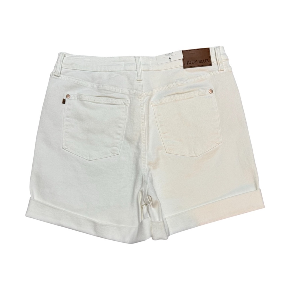 NWT Judy Blue White High Rise Waist Cuffed Denim Comfy Stretch Shorts Size Large - Picture 5 of 10